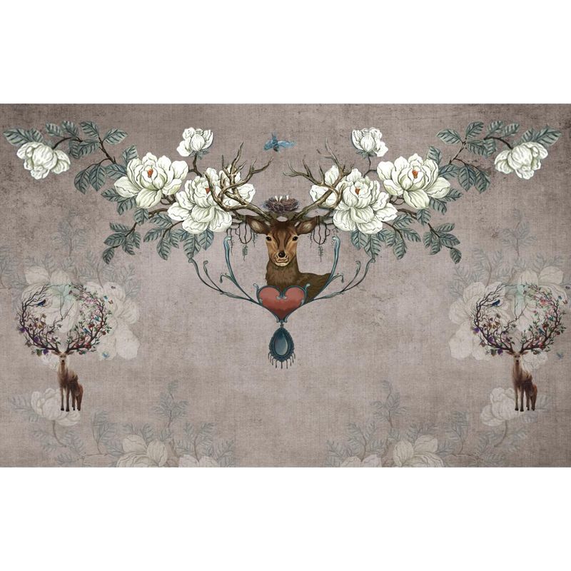 Deer with Flower Antler Mural Wallpaper Grey Modernist Wall Decor for Girls Room