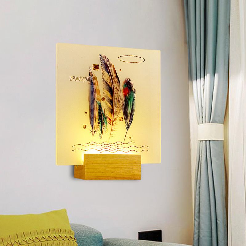 Wood Square Shaped Feather Wall Lamp Asia Style LED Acrylic Wall Mural Light for Living Room