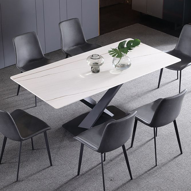 Stone Top Dining Table Modern Rectangle Table with Metal Base in Black