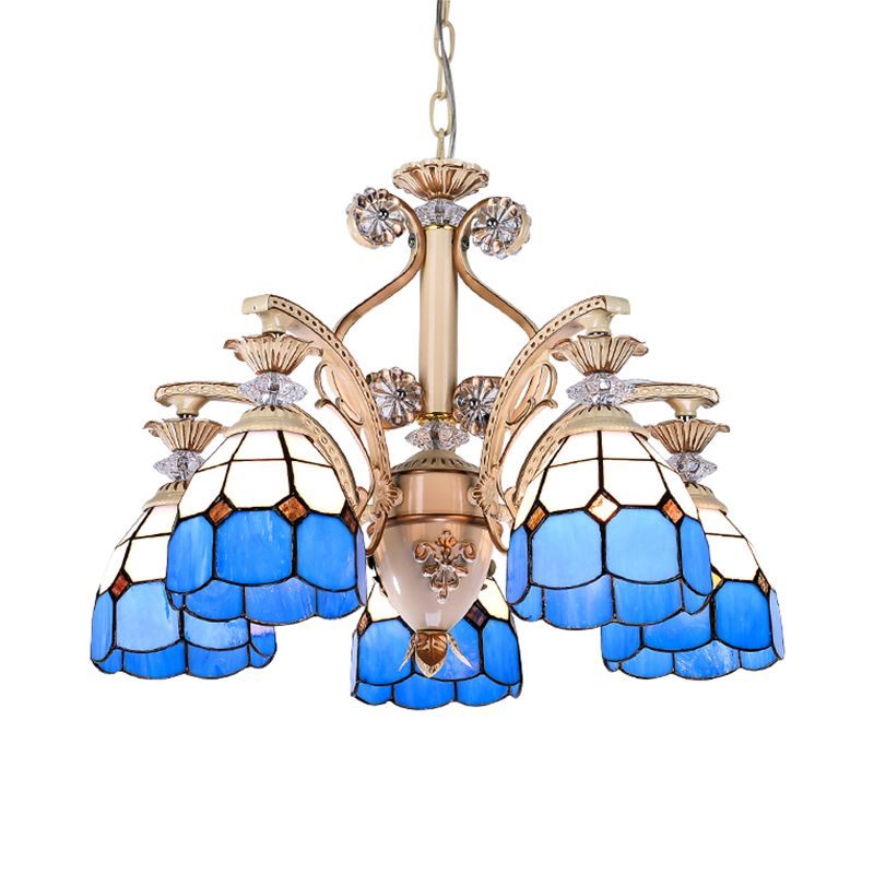 Mediterranean Indoor Pendant Light with Dome Shade Stained Glass 5 Lights Chandelier in Blue