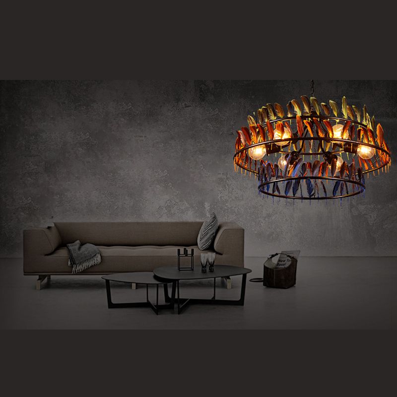 Round Feather Hanging Chandelier Lamp Art Deco Bar Ceiling Pendant Chandelier