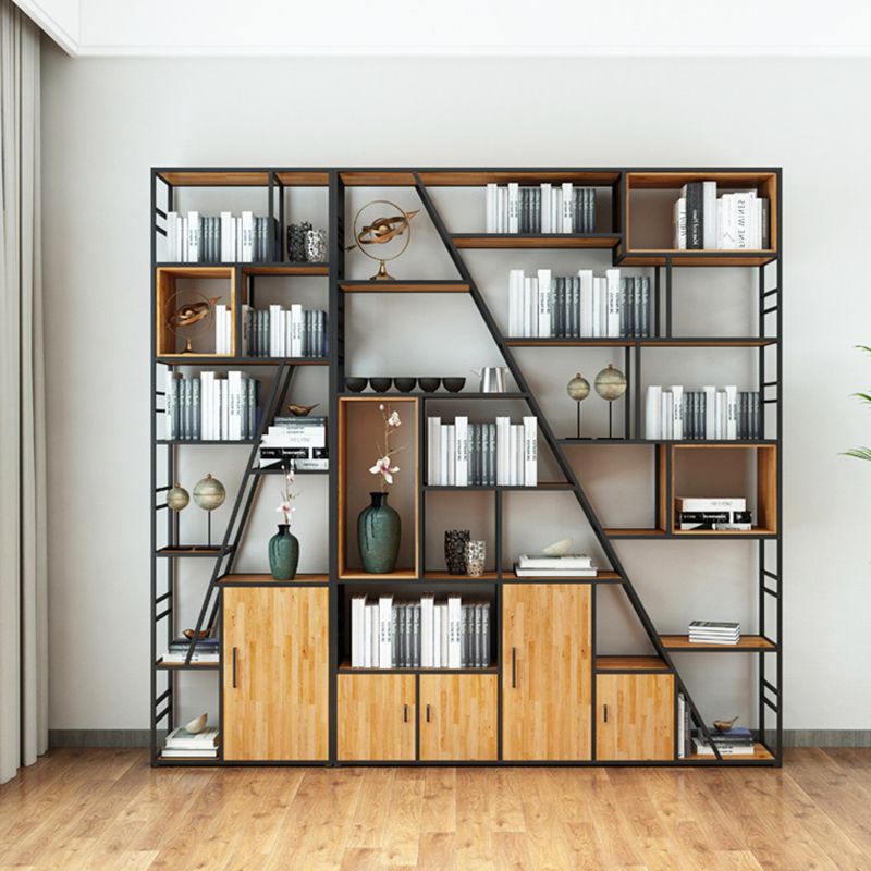 Metal and Wooden Shelf Bookcase with Doors Modern Bookshelf for Office