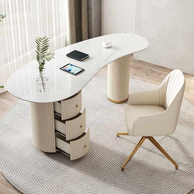 Modern & Contemporary White Desk Sintered Stone Bedroom with 3-Drawer Writing Desk