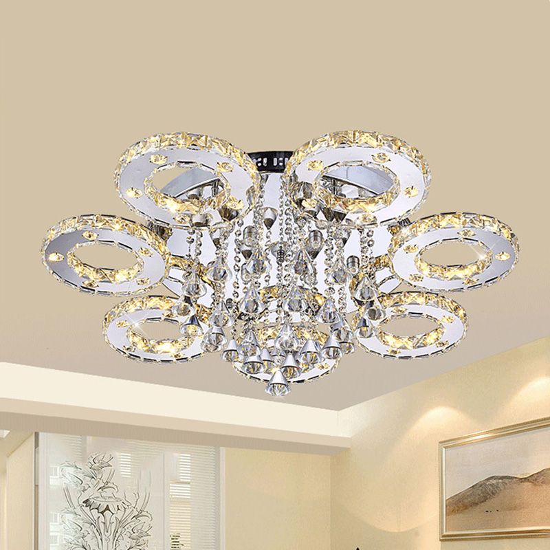 Ring Semi Flush Light Contemporary K9 Crystal Chrome 23.5"/28"/33.5" Wide LED Ceiling Lamp, Warm/White/2 Color Light