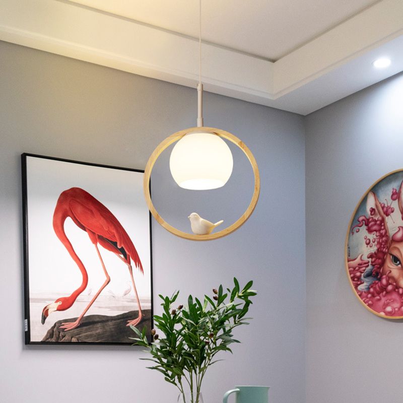 Dome Shade White Glass Pendant Nordic Style Wood Suspension Light with Ring and Bird