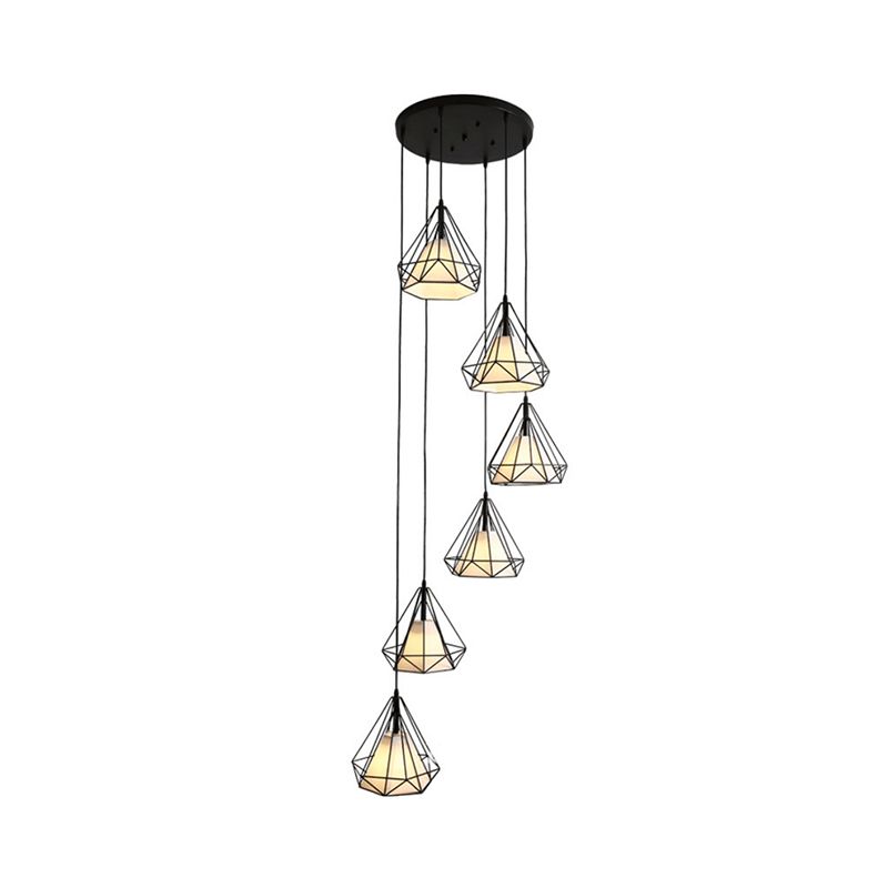 Simple Diamond Cage Multi Pendant Metal 6 Lights Corridor Hanging Light Kit with Inner Fabric Shade in Black