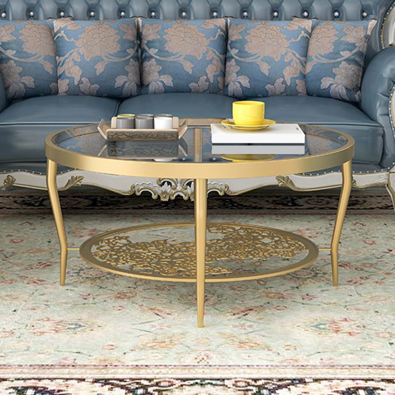 Contemporary Round Glass Top Coffee Table with Iron 4 Legs and Shelf