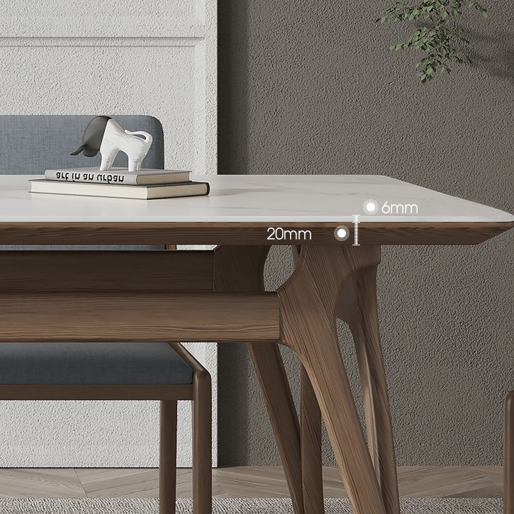 Mesa de comedor rectangular de piedra sinterizada Tapa de piedra blanca con base de madera y 4 patas