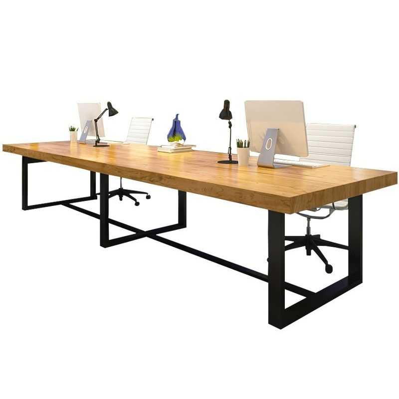 Mesa de comedor rectangular industrial de metal, mesa superior de madera maciza de pino con base de caballete