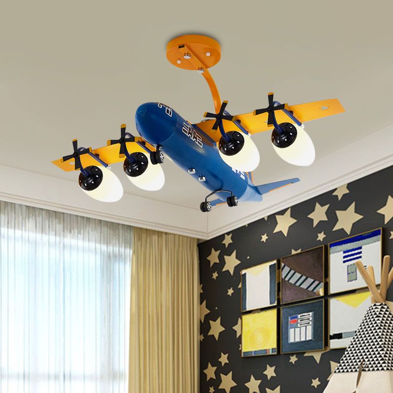 Airplane Kids Room Semi Flush Light Metallic 4 Lights Cartoon Flush Mount with Bullet Opal Glass Shade in Blue/Yellow