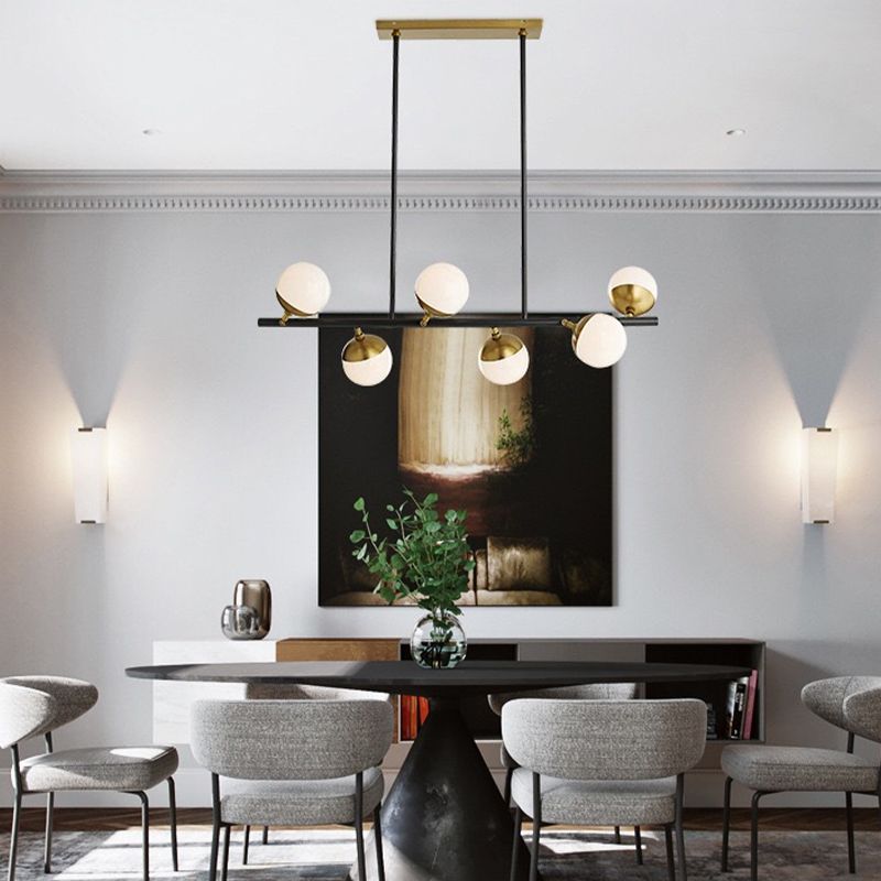 Modern 6 Lights Island Lighting Black Brass Globe Glass Pendant Light