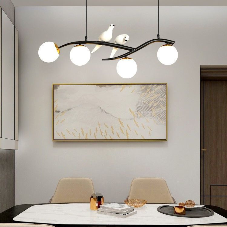 Glass Globe Island Light in Modern Singularity Wrought Iron Pendant Light with Resin Bird Decoration