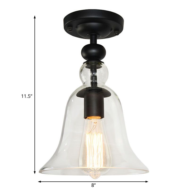 Bell Shade Living Room Semi Flush Industrial Clear Glass One Light Black Ceiling Lighting