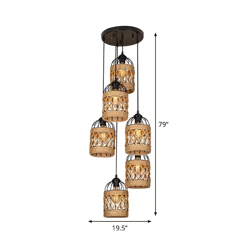 3/6 Heads Cluster Pendant Light Lodge Birdcage Criss-Cross Woven Rope Hanging Light Kit in Brown, Round/Linear Canopy