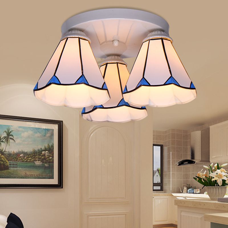 Blatt-/Streifen-Unterputzbeleuchtung, 3/6 Lichter, Buntglas-Tiffany-Deckenleuchte in Blau für Wohnzimmer