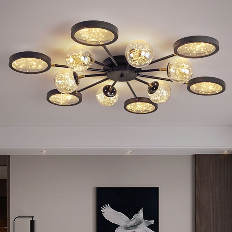 Sputnik Flush Mount Fixture Modernity Amber Glass Black Close to Ceiling Lamp with Glowing String Inside