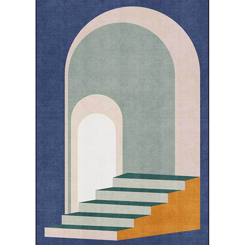Modern Living Room Rug in Blue and Green Color Block Door Stair Print Rug Polyester Machine Washable Area Rug