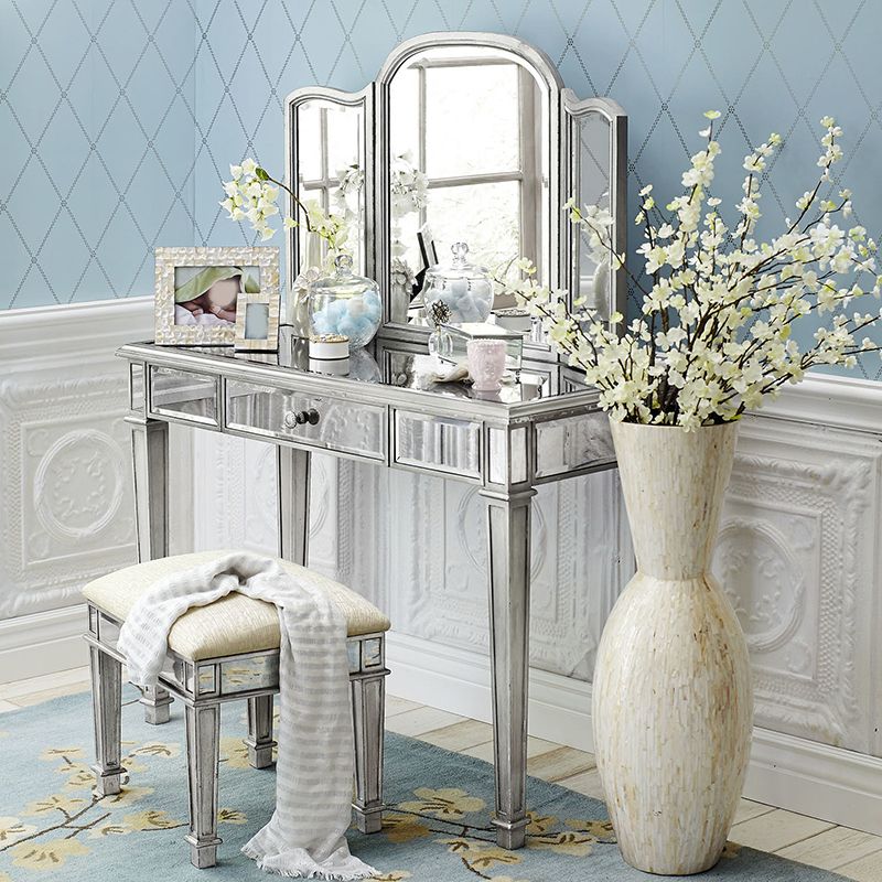 Sliver Vanity Set with 3 Storage Drawers Glass Make-up Vanity, 17.71" Wide