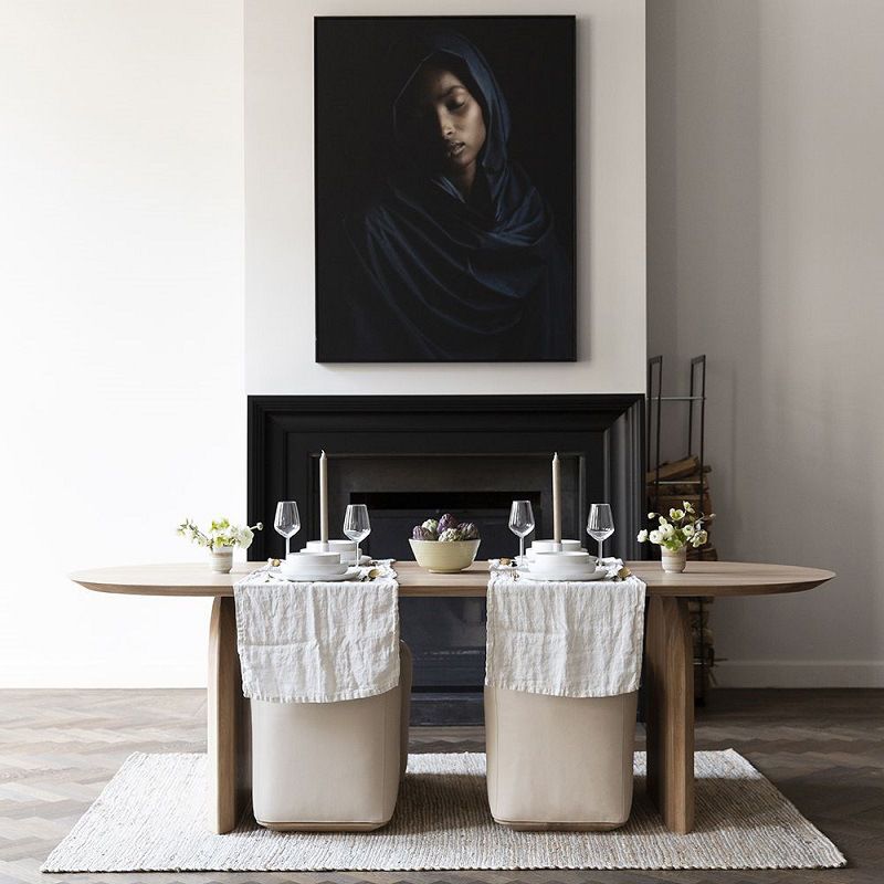 Eigentijdse stijl huis vaste houten ovale eettafel met dubbel voetstuk