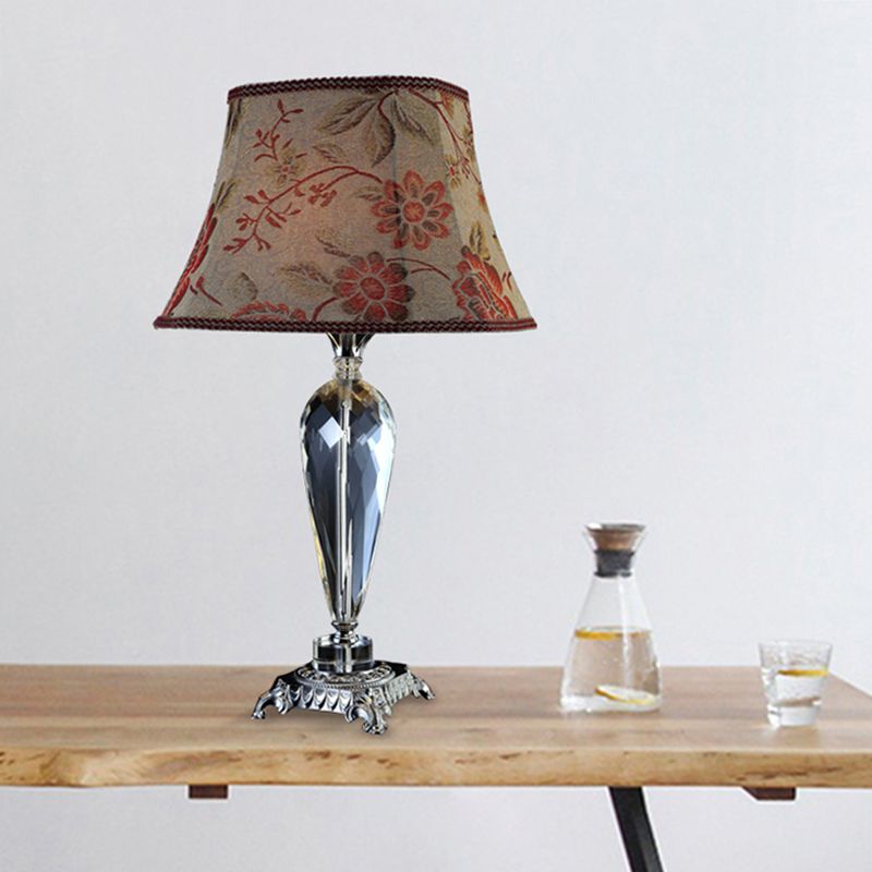 Single Bulb Night Table Lamp Rustic Style Flower K9 Crystal Nightstand Light in Beige