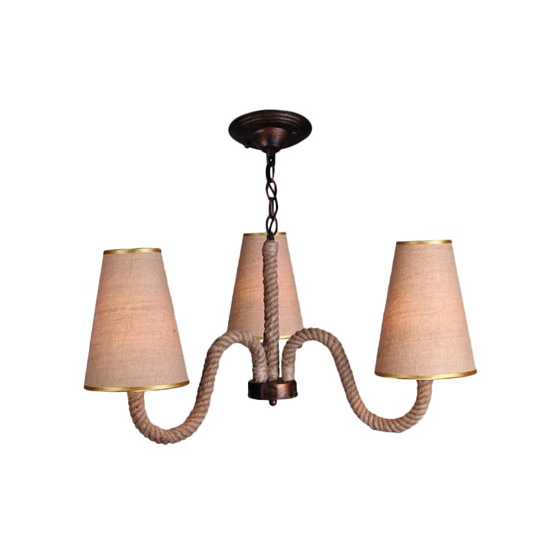 Beige 3/5/8 Heads Ceiling Chandelier Antiqued Rope Curved Arm Hanging Light Fixture with Cone Fabric Shade