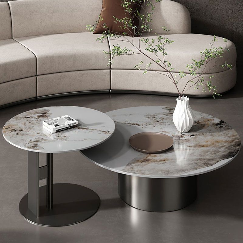 Pedestal Round Coffee Table Glam Slate Nesting Coffee Table Set