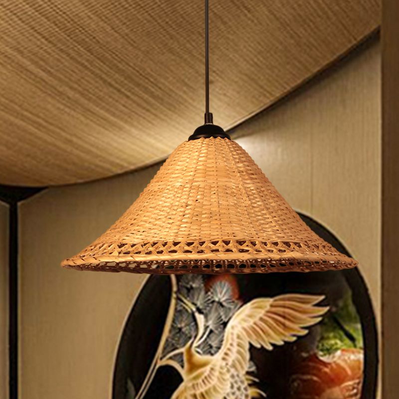 Asia Cone Hat Hanging Light Bamboo 1-Light Dining Room Ceiling Pendant Lamp in Brown