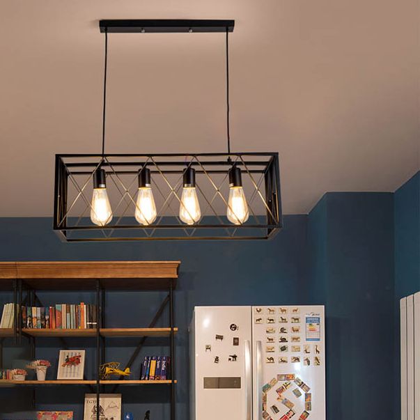 Black Cage Linear Chandelier 4/6 Lights Industrial Island Pendant Lights for Living Room