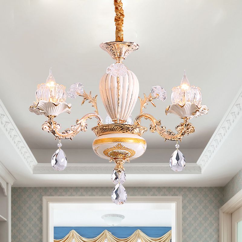 3 bollen plafond kroonluchter postmoderne bloemknoppen kristal hangend licht met keramisch accent, goud