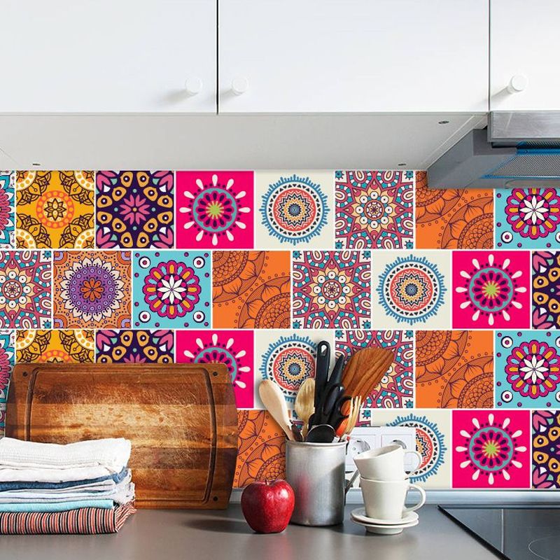 Boho-Chic Mandala Wallpaper Panels for Kitchen 8' L x 8" W Adhesive Wall Art in Orange