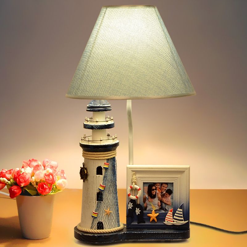 Lámpara de madera de faro Niños 1 bombilla Luz de mesa azul con sombra de tela y marco de fotos