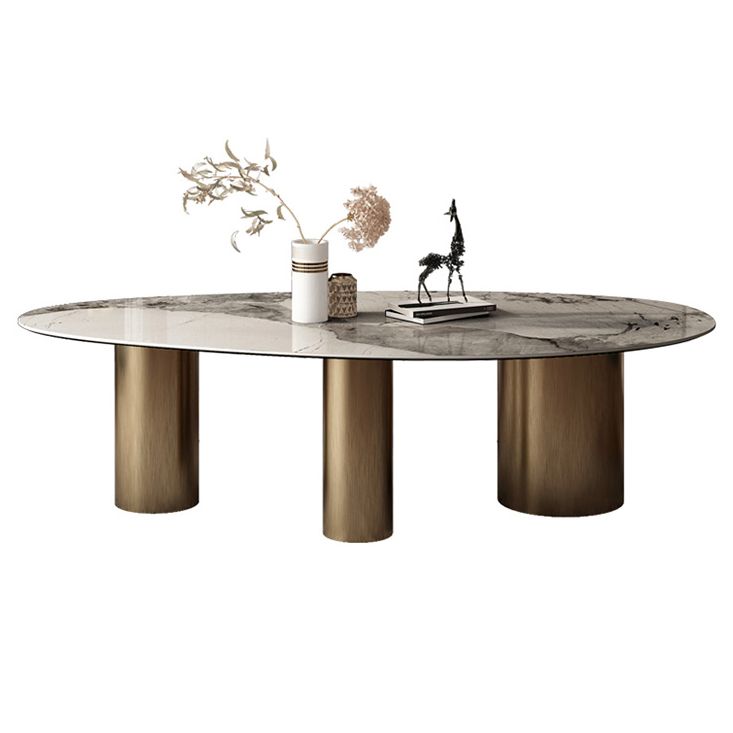 Traditional Luxury Oval Dining Room Table White Sintered Stone Table with 3 Gold Legs