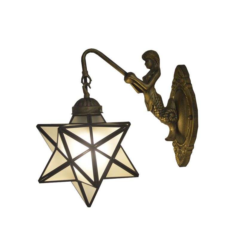 White Glass Star Sconce Lighting Tiffany 1 Head Antique Brass Wall Mount Light with Mermaid Backplate
