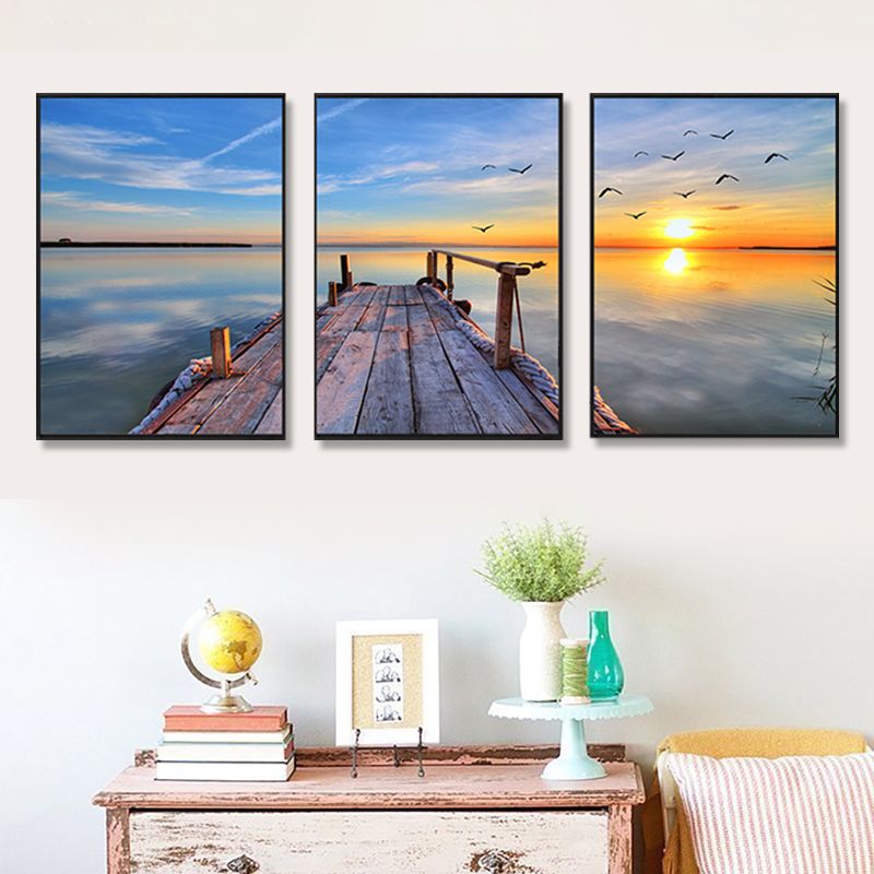 Multi-Piece Pastel Canvas Art Modern Photo Wooden Bridge to Sea Scene Wall Decor