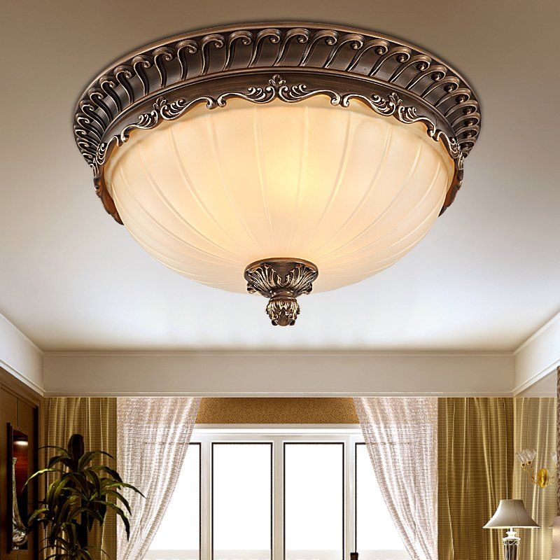 Country Style Domed Ceiling Light White Glass Flush Mount Lighting Fixture