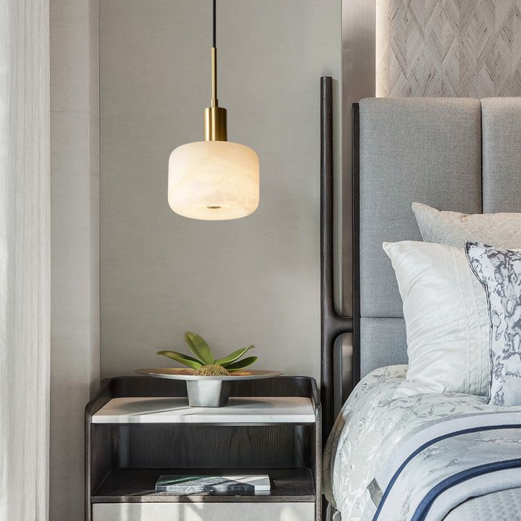 Shaded Bedroom Suspension Pendant Light Stone Modern Style Hanging Light Fixture in White