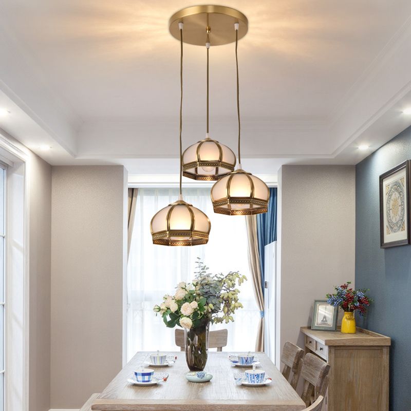 Dome Shaped Dining Room Flush Mount Lighting Classic Metallic Gold Semi Flush Mount with Opal Glass Shade