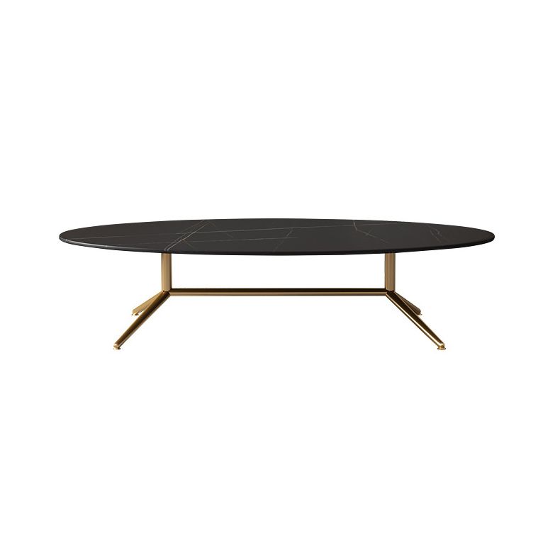 Glam Style Coffee Table with Oval Stone Top and Steel Trestle Base