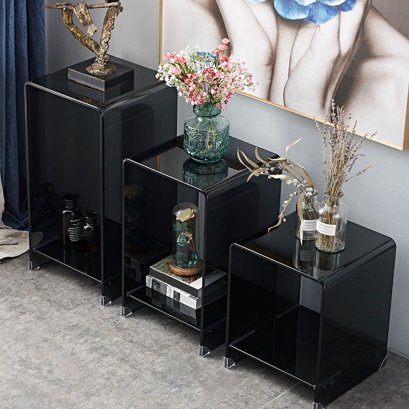 Contemporary Glass Square Side Table Sled End Table with Shelf