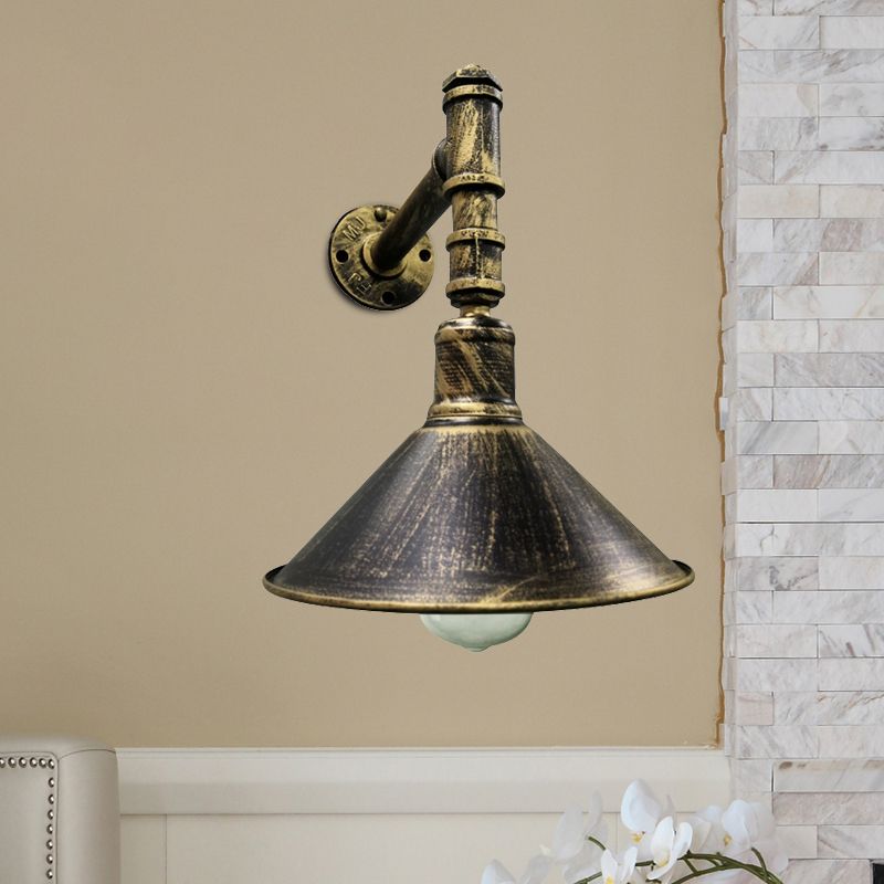 1-Light Sconce Lighting Rustic Conical Metallic Wall Mounted Lamp in Antique Brass with Right Angle Pipe Arm
