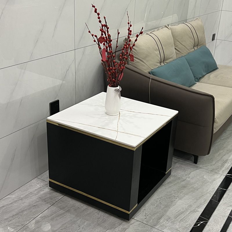 Contemporary Square Stone Top End Table Double Tier Sofa Side Table