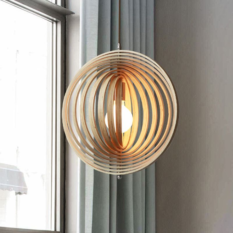 Rotatable Sphere Pendant Light Kit Asian Stylish Wood 1 Light 16"/19.5" Wide Beige Hanging Light Fixture