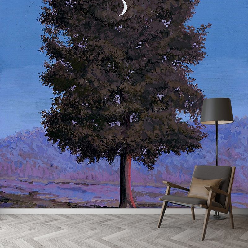 Grey-Blue Surrealistic Mural Wallpaper Large Waxing Moon Hang in Tree Painting Wall Decor for Home