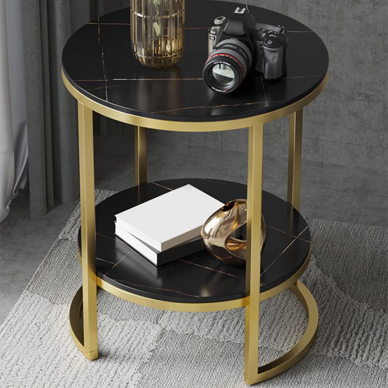 Metal Frame Side End Table Round Stone Top Side Table with Shelf