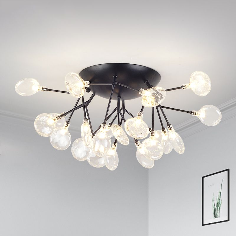 Clear Glass Branchlet LED Ceiling Flush Modern 21 Bulbs Black Semi Flush Mount Chandelier in Warm/White Light