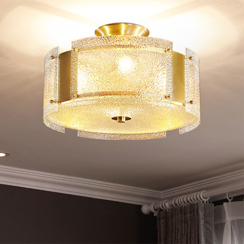 Golden Semi Flush Drum Light Simplicity 4-Light Water Glass Ceiling Mounted Fixture
