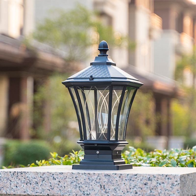 Metal Rectangular Shape Solar Pillar Lamp Modern 1-Light Outdoor Light in Black