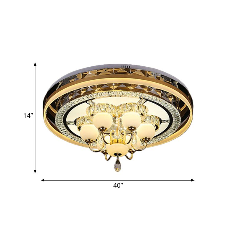 LED Circular Flush Light Simple Gold Beveled Crystal Ceiling Lamp with Opal Glass Shade in Remote Control Stepless Dimming
