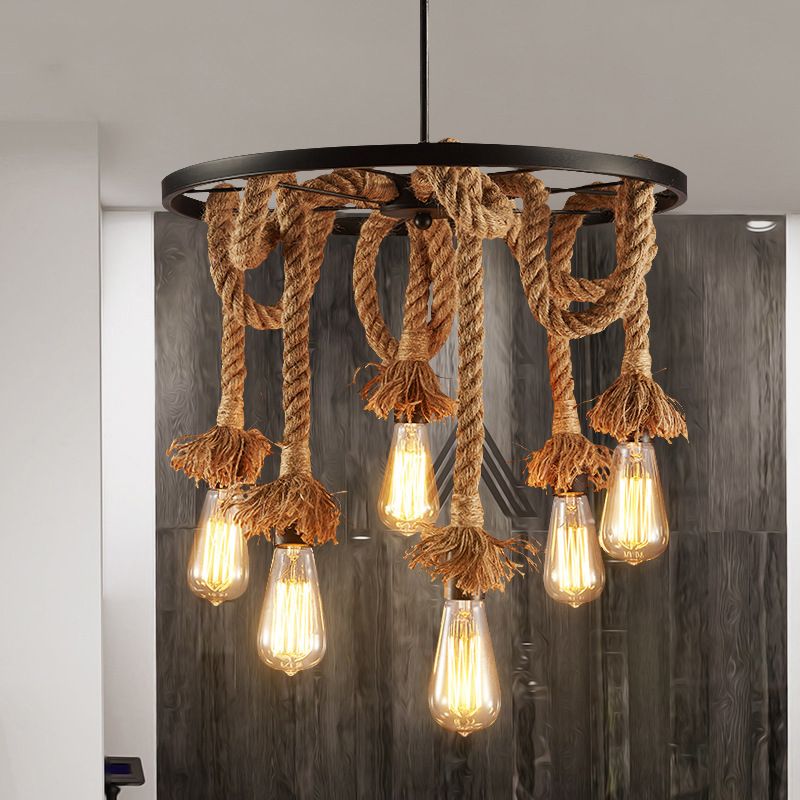 Multi-Lights Hemp Rope Design Retro Chandelier Light Black Wrought Iron Wheels Industrial Style Lighting Fixture in Restaurant Bar