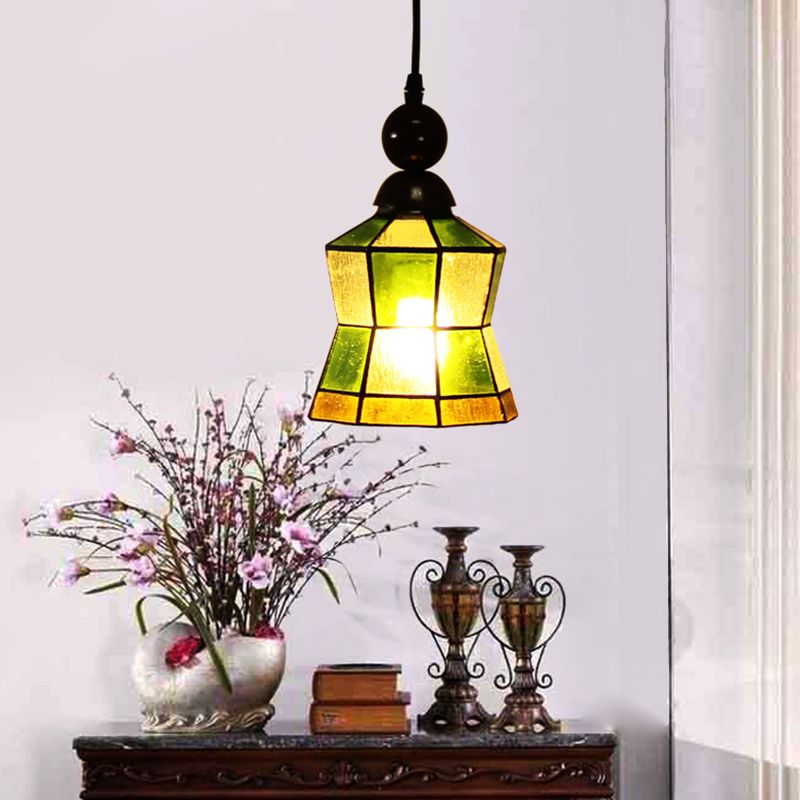 1 Light Geometric Pendant Tiffany Style Green Frosted Glass Hanging Light Fixture for Bedroom